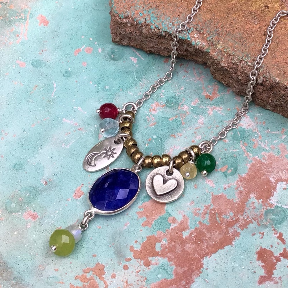 Silver Sundance Charm Necklace Natural Gemstone Lapis Peridot Garnet Moonstone